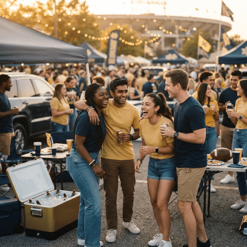 College football fans tailgating on a Saturday afternoon